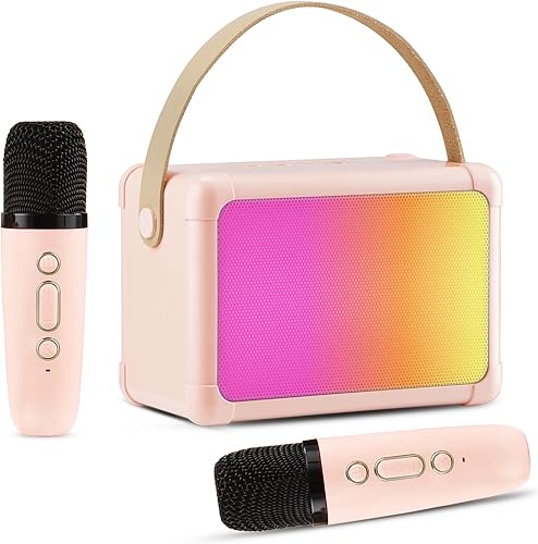Máquina de karaoke para niños, mini altavoz portátil de karaoke Bluetooth con 2 micrófonos inalámbricos y luces coloridas para niños y adultos,