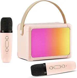 Karaoke Machine for Kids, Giecy Mini Portable Bluetooth Karaoke Speaker with 2 Wireless Mics and Colorful Lights for Kids Adults, Gifts Toys for Girls Boys Family Home Party (Pink)