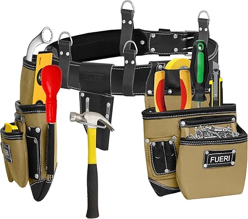 Miniatura 10 de FUERI Cinturón de herramientas de 19 bolsillos para hombre, bolsa de herramientas resistente con marco de borde grueso con puntos de desgaste