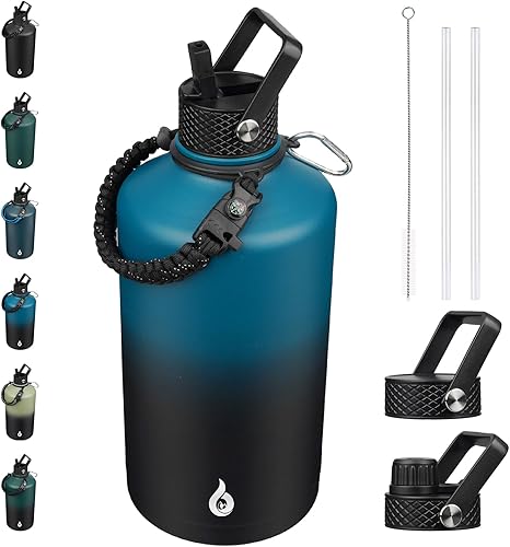 Miniatura 34 de BJPKPK Botella de agua de 1 galón aislada con tapa con pajita, 50oz, 64oz, 87oz, 128oz grande, botellas de agua de acero inoxidable con 3 tapas y