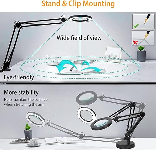 Miniatura 5 de Lupa con luz y soporte, lámpara de aumento Moclever 8x, lámpara de escritorio 2 en 1 y abrazadera, lámpara de manualidades con 10 modos de brillo, 3