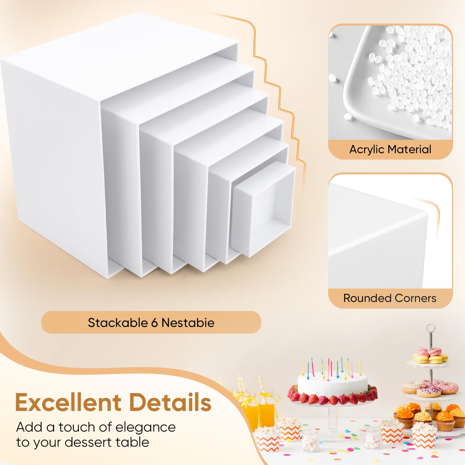 Juego de 6 soportes para tartas de acrílico en color blanco, soporte para buffet con base hueca, soporte versátil para postres para bodas, cumpleaños y fiestas (8/10/13/15/18/20 cm)
