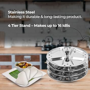 KSJONE Stainless Steel Idli Stand | 4-Plates Idli | Idli Preparation | Supreme Quality Food Grade Idli Stand | Makes 16 Idlis (Traingle Shape)