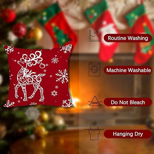 Miniatura 10 de Artmag Juego de 4 fundas de almohada rosas de Navidad de 18 x 18 pulgadas, decoración navideña, árboles, ciervos, muñeco de nieve, Feliz Navidad,
