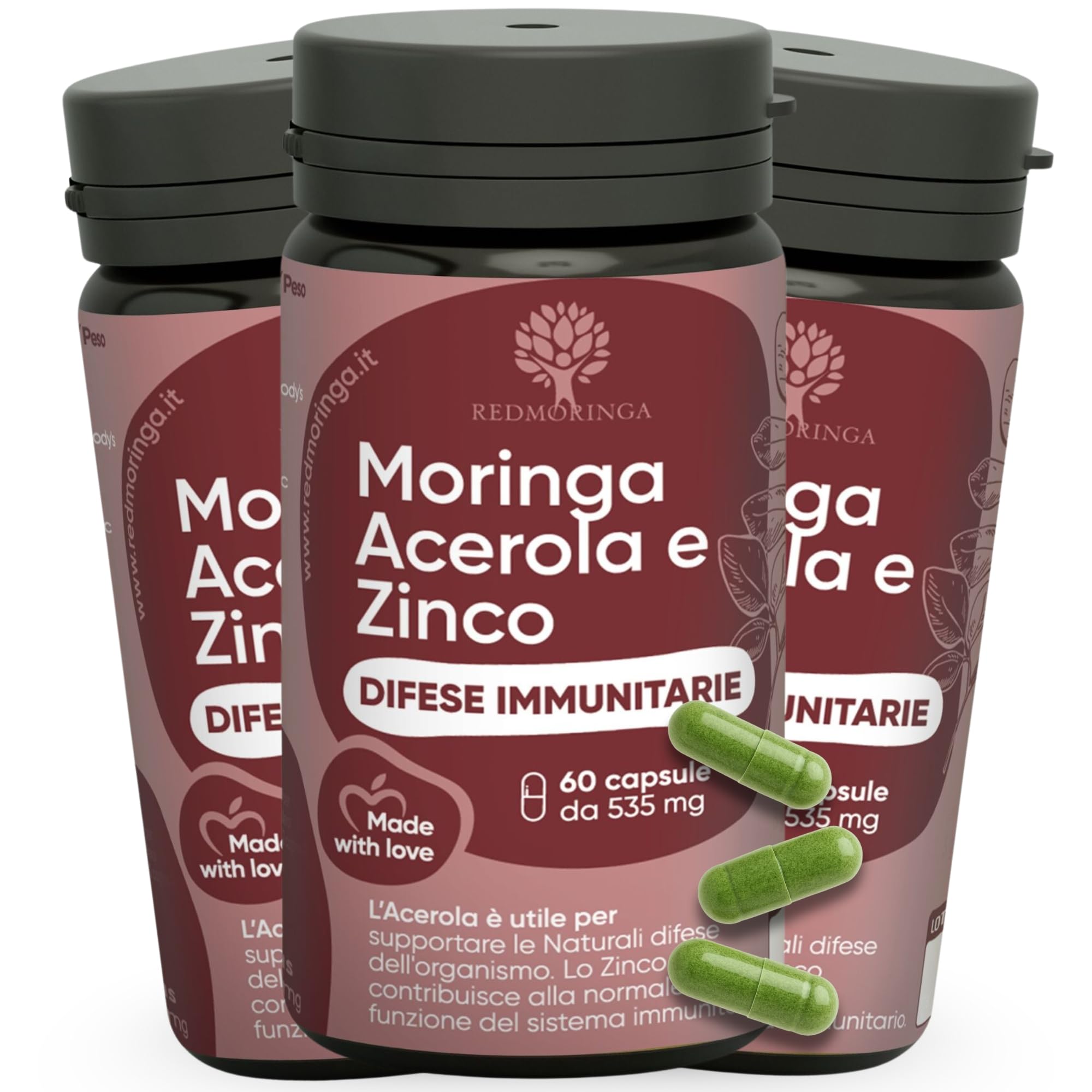 Integratore Difese Immunitarie Acerola e Moringa - Vitamina C 100% naturale - Adatto ad Adulti e Bimbi - Rafforza il Sistema Immunitario naturalmente con Moringa, Acerola e Zinco | 180 Capsule