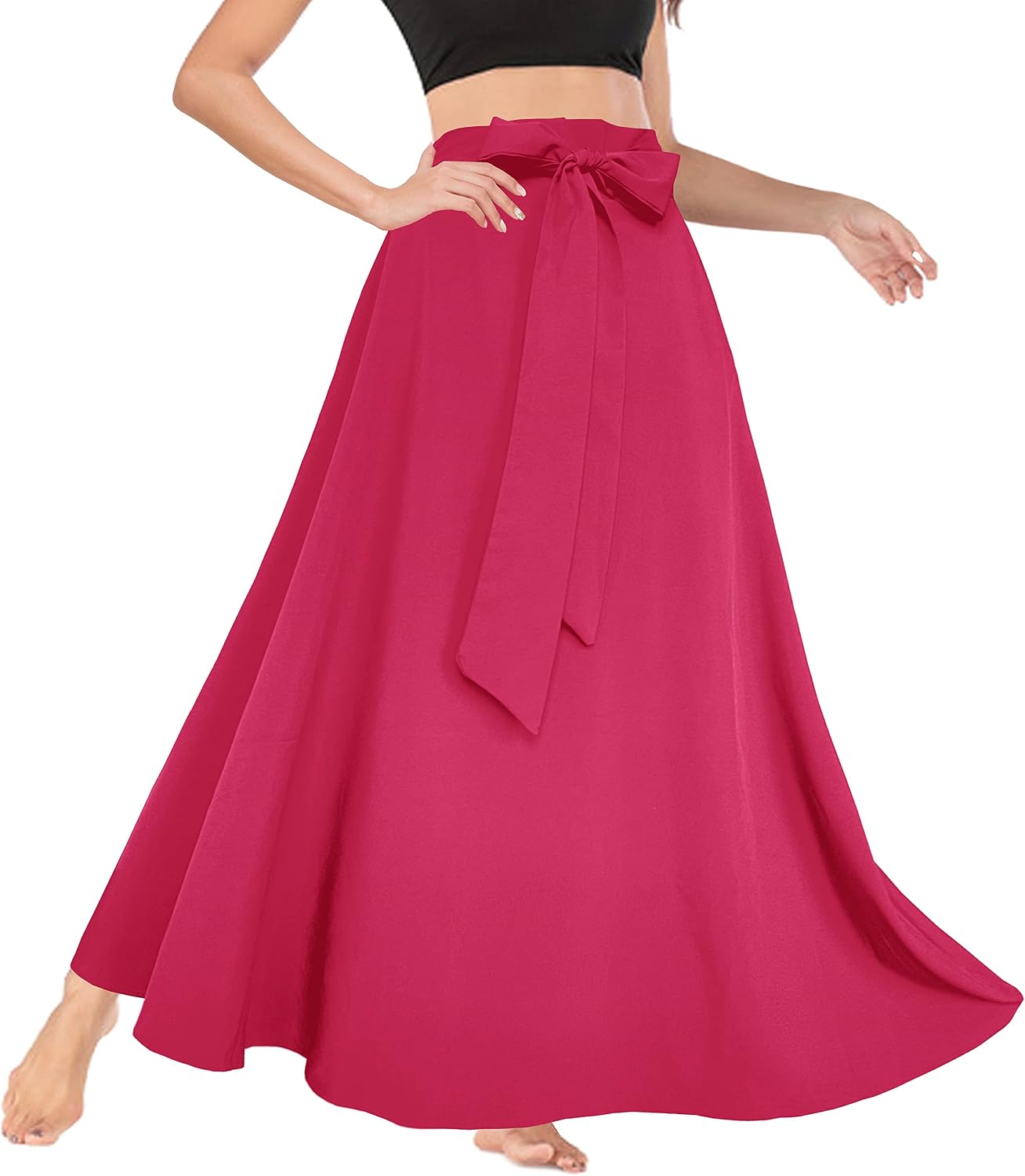 Afibi Women's High Waist Skirt Tie Front A-Line Flowy Long Maxi Skirts with Pockets