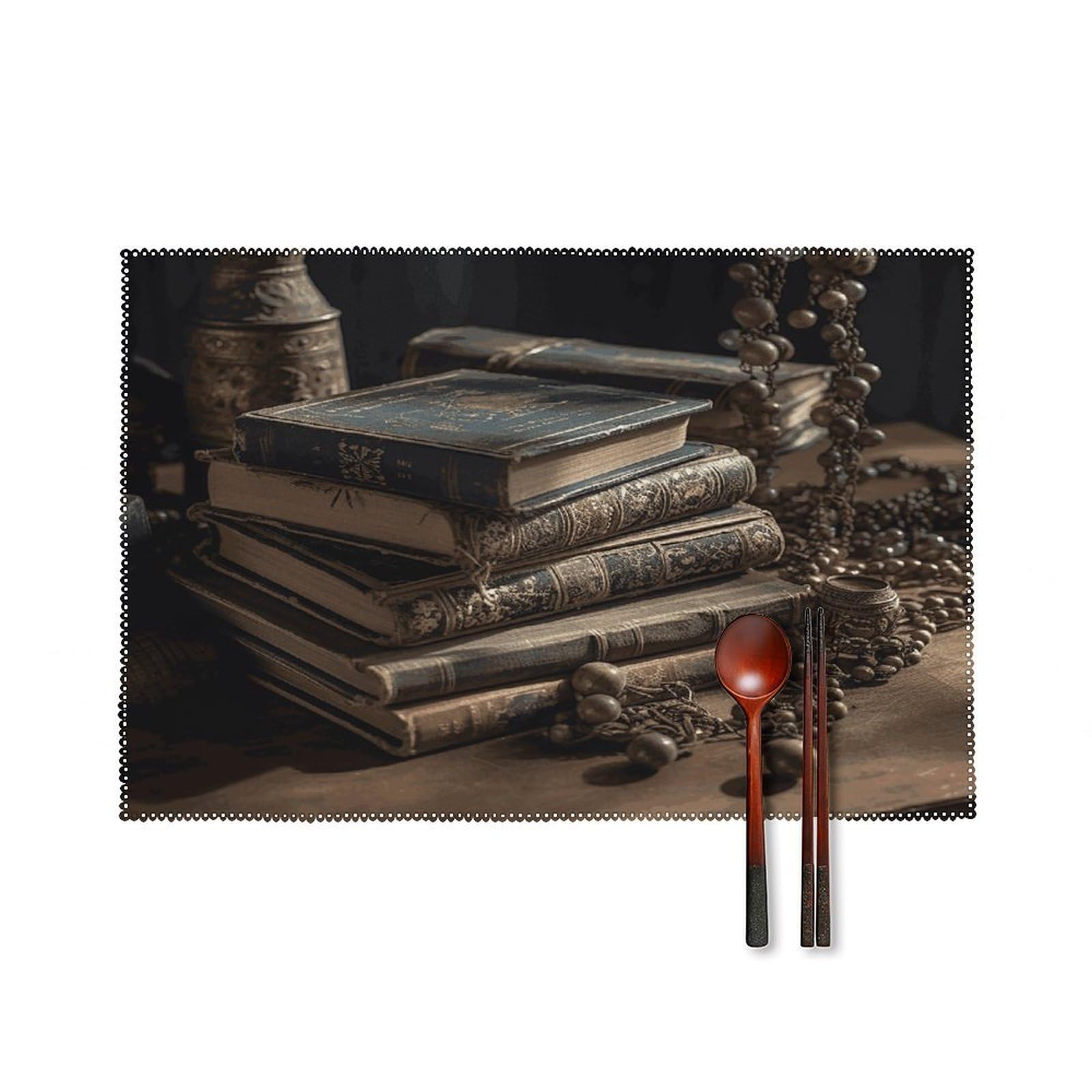 Stack of Old Books Placemats Washable Canvas Place Mats Decoration Placemat for Dining Table Easy to Clean Tables Mat Set of 6 for Kitchen Dining Room Coffee Table