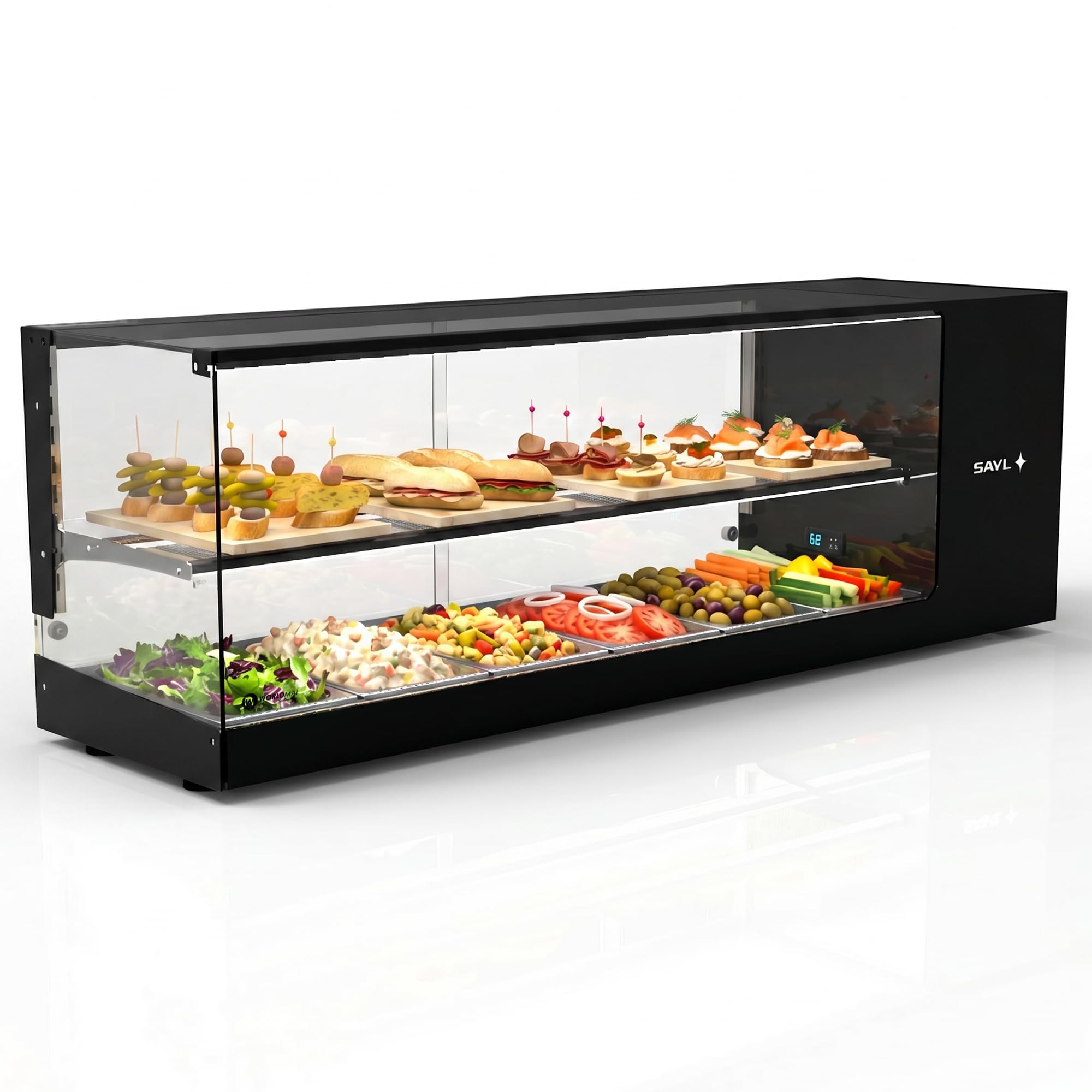 Vitrina de tapas Logic WORLDMAI x SAYL, 132 x 38 cm, 2 pisos y 6 cubetas GN 1/3 para hostelería. Vitrina expositora refrigerada profesional de sobremesa con iluminación LED, para bar y restaurante.