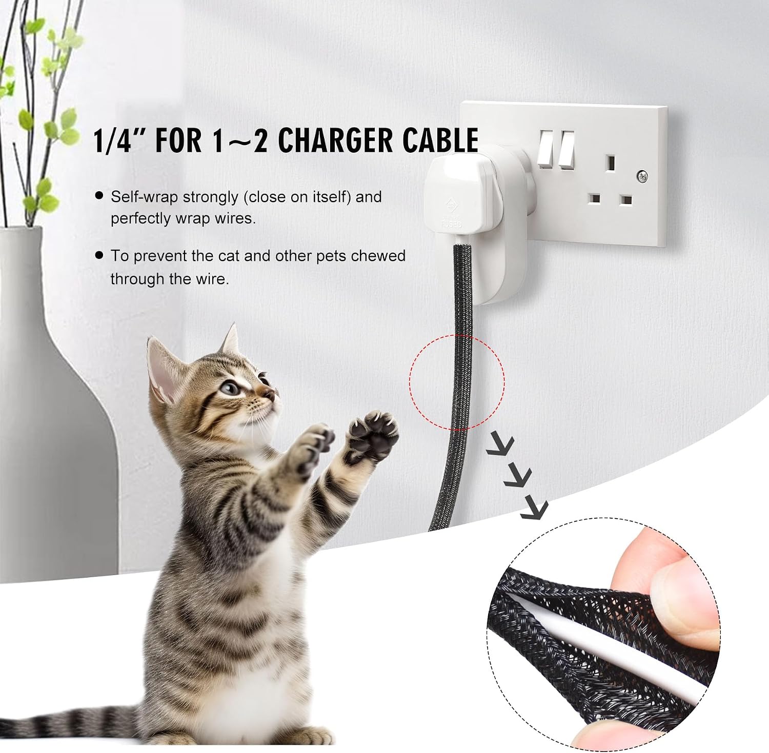 10ft - 1/4 inch Cord Protector Cable Sleeve Split Wire Loom Tubing for Power Cord Audio USB Cable, Cord Sleeve Cable Management for TV Computer, Cord Protectors from Pets Chewing, Black thumbnail