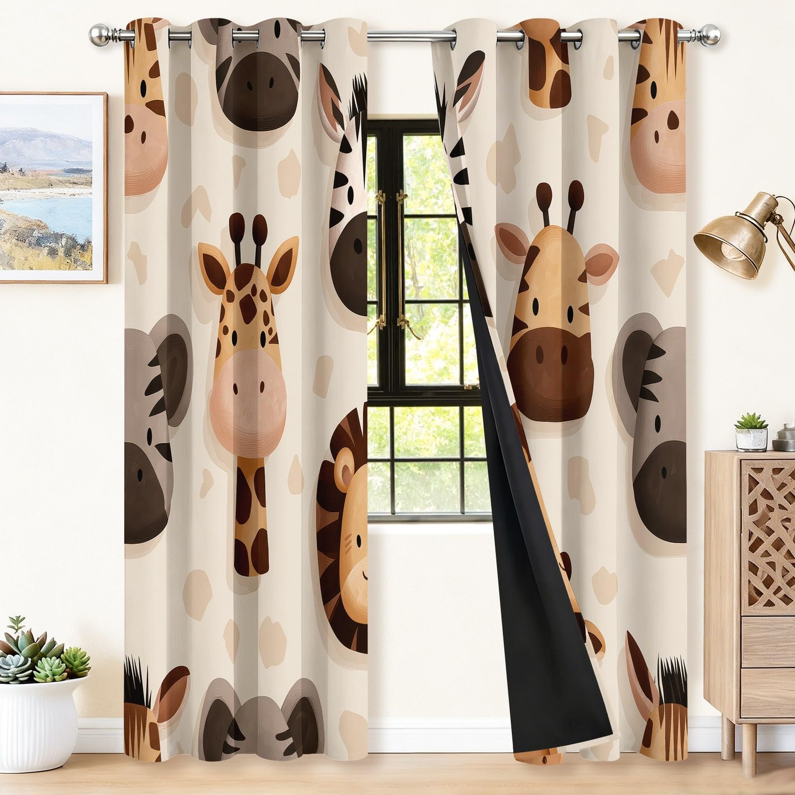 Dziecięca kreskówka zwierzęta, śliczna zasłona - do sypialni, salonu, zasłony zaciemniające, wys. 215 x szer. 100 cm (2 sztuki) (2 sztuki) zasłony zaciemniające na przelotkach, okno, dekoracyjna