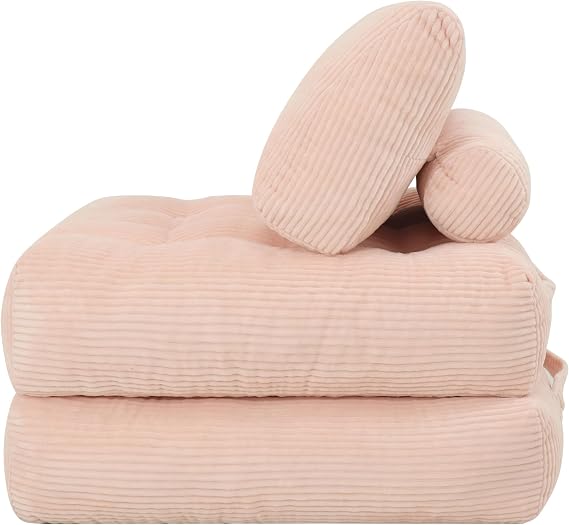 Blue Folding Sofa Bed - Convertible Sleeper Chair with Pillow & Back Support, Comfy Foldable Mattress, Portable Futon Fold Out Chair Bed for Living Room/Bedroom/Apartment (Pink)