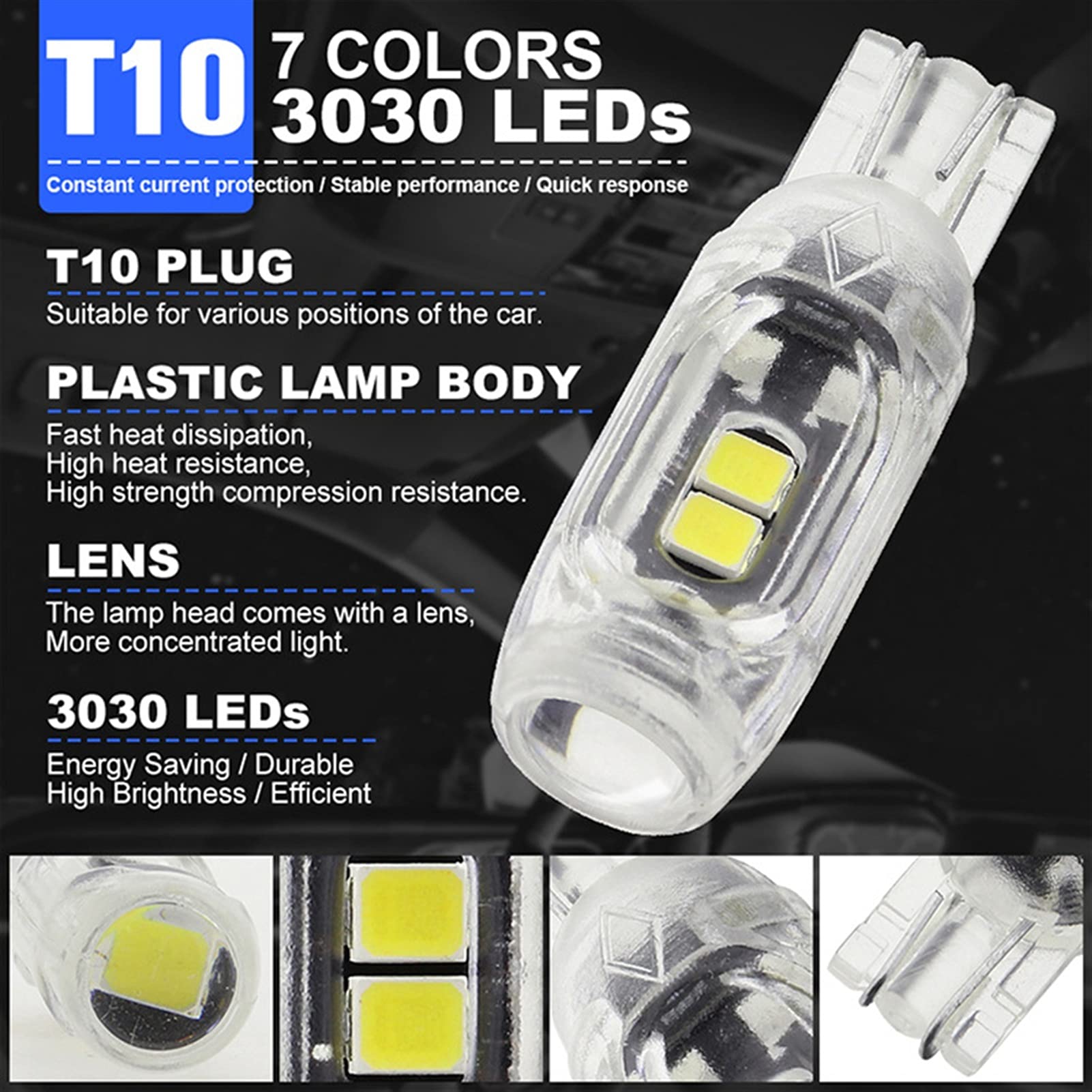 Żarówka ledowa 10X CANBUS T10 LED W5W Polaryzacja Bezpłatne Plastikowe Protect 5SMD 3030 Samochód Wewnętrzny Lekki Czytanie Drzwi Płytka Limiecka Lampa Kedge 12 V (Color : Yellow)