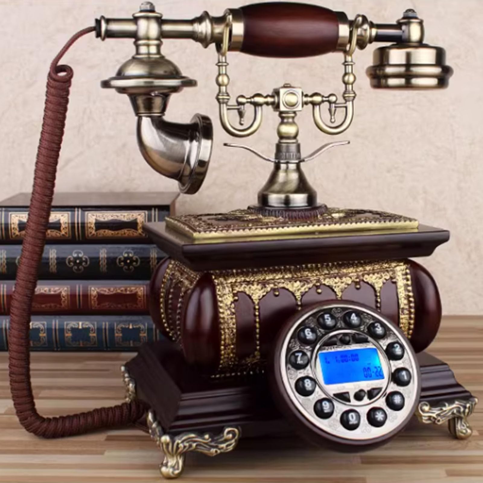 Telefono, Telefono retrò a Disco, Telefono Antico, Telefono retrò con Filo in Legno, Telefono Fisso per casa/Ufficio, Telefono da scrivania Vintage, Telefono a Pulsanti