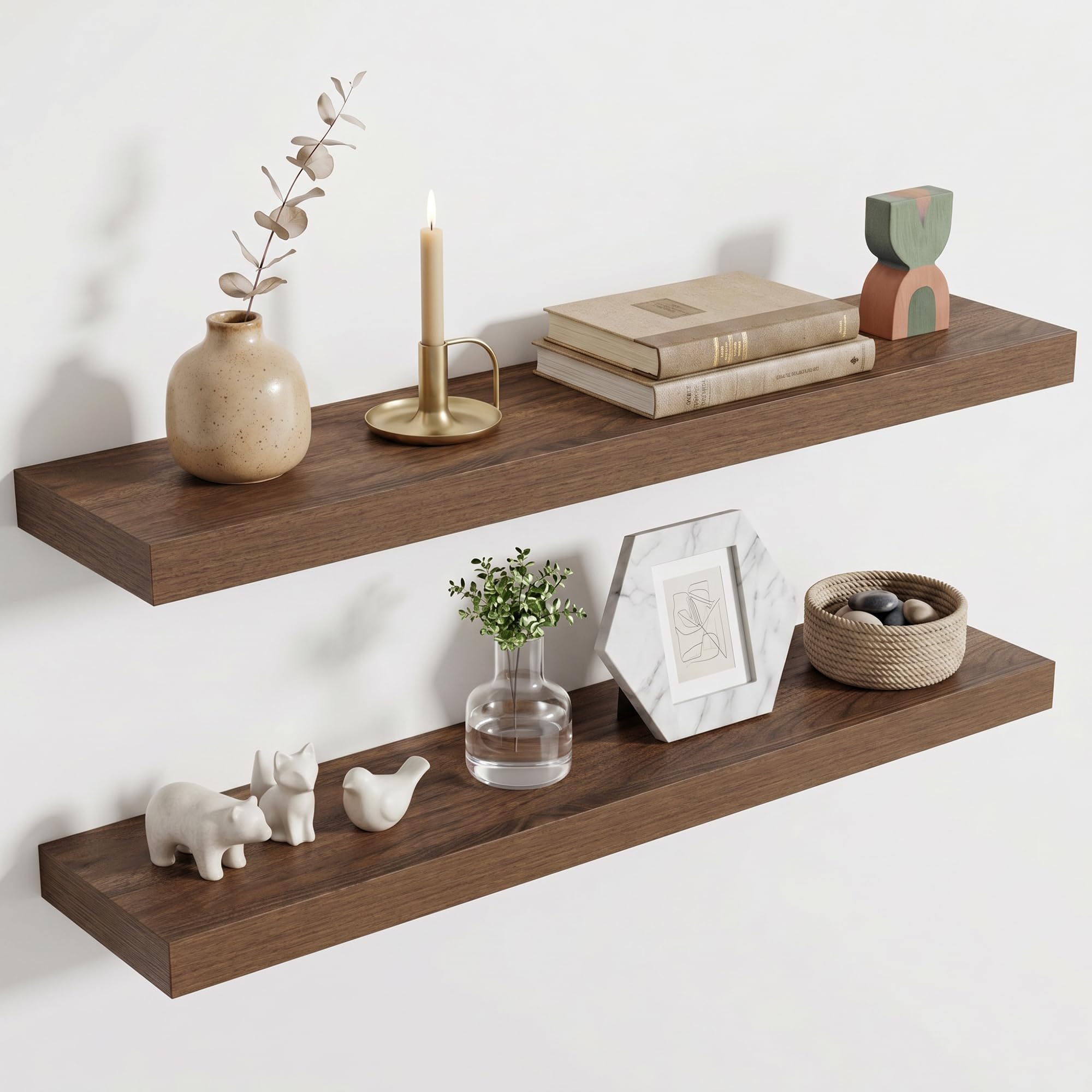 Acovy Floating Shelves for Wall, Extra Thick 80cm Long Wooden Wall Mounted Shelf, Wall Shelves for Living Room Bathroom Bedroom Kitchen, Walnut, Set of 2