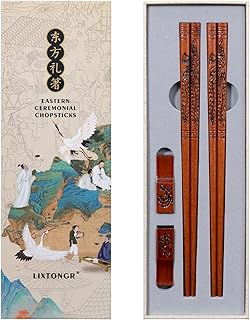 2 Pairs Reusable Wooden Chopsticks, Hand-Carved Design Food-Safe Japanese Korean Chopstick with Non-Slip Grip, Gifts for Housewarming, Wedding, Christmas, Ideal for Asian Cuisines