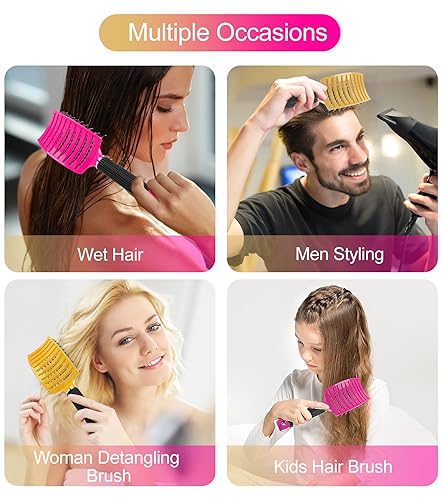 Miniatura 6 de Cepillo desenredante de cabello húmedo para cabello rizado, paquete de 2 cepillos de pelo de cerdas de jabalí, cepillo desenredante curvado y