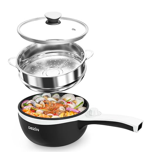 Dezin Hot Pot Electric with Steamer Upgraded, Non-Stick Sauté Pan, Rapid Noodles Electric Pot, 1.5L Mini Pot for Steak, Egg, Fried Rice, Ramen, Oatmeal, Soup with Power Adjustment