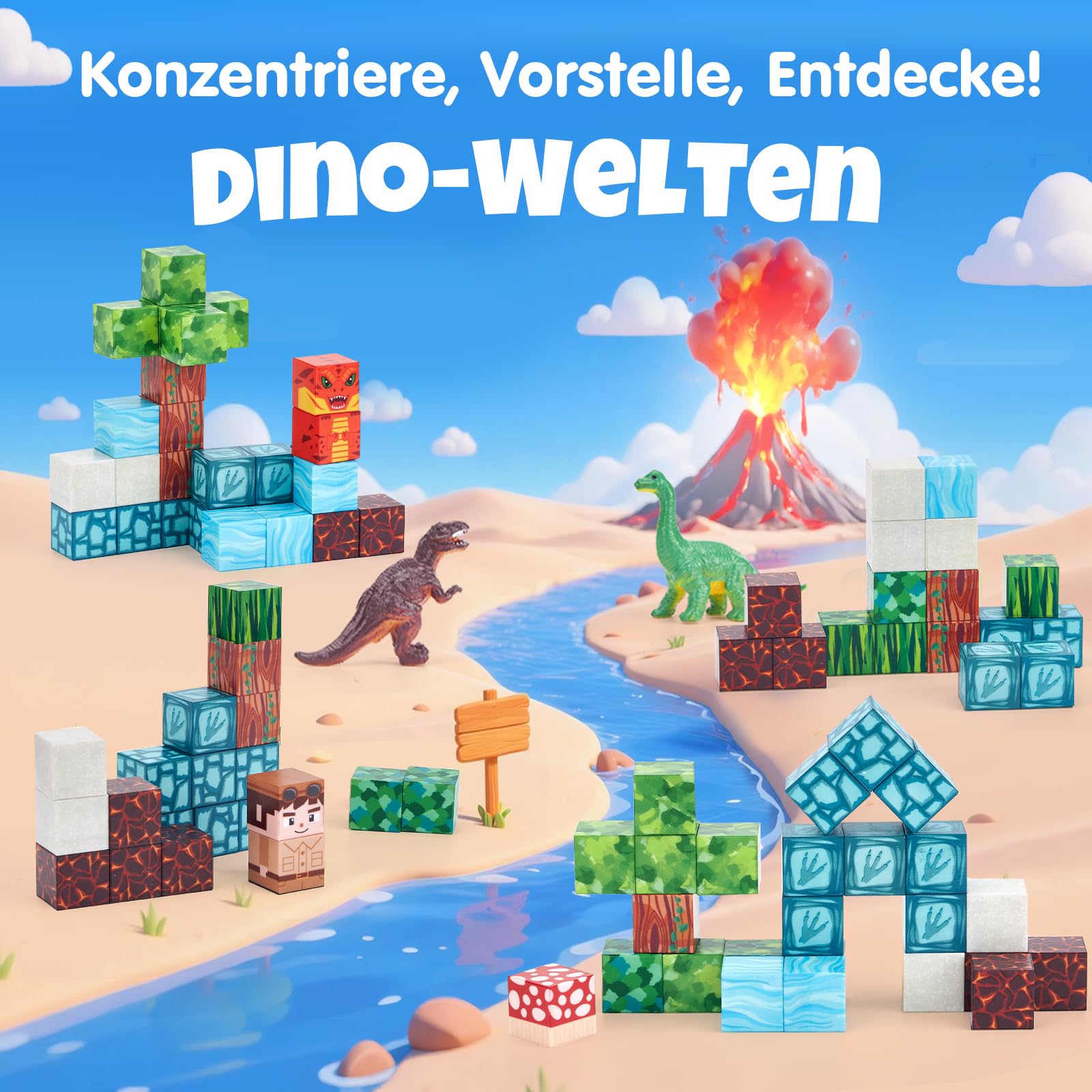hahaland Mini Magnetische Bausteine ab 3 Jahre, A5 Reiseset mit 48 Magnetic Building Blocks & 2 Dino-Figuren, STEM Montessori Spielzeug ab 3-5 für Auto Unterwegs, Magnetbausteine ab 3 Jahre Geschenke