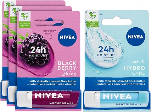NIVEA Böğürtlen Dudak Bakım Kremi,24 Saat Nem,Hafif Bordo Işıltı,Gün Boyu Dudak Bakımı, Böğürtlen Kokusu, 4.8 gr X3 + NIVEA Hydro Care Dudak Bakım Kremi,24 Saat Nem,SPF 15,Gün Boyu Dudak Bakımı (4,8g)