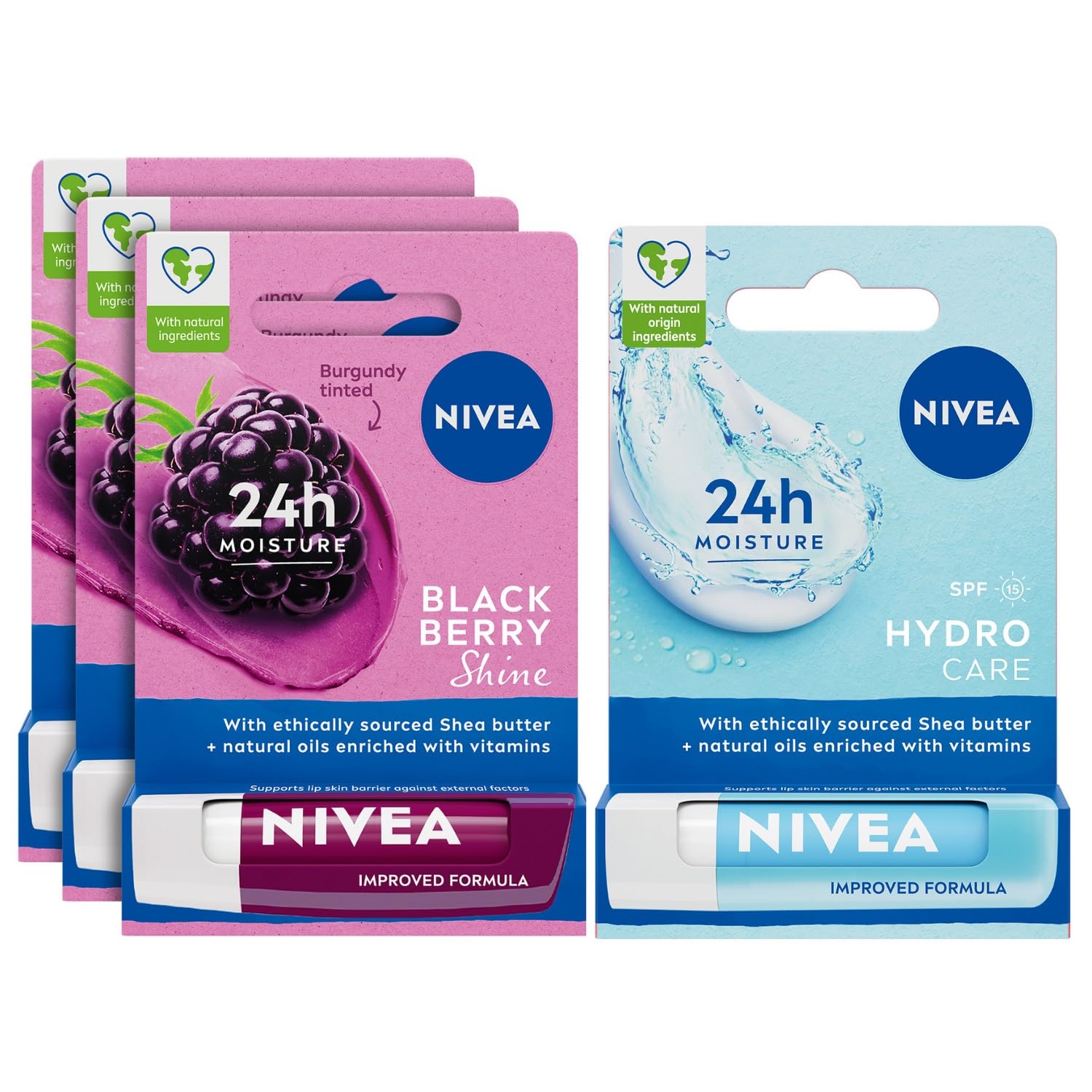 NIVEA Böğürtlen Dudak Bakım Kremi,24 Saat Nem,Hafif Bordo Işıltı,Gün Boyu Dudak Bakımı, Böğürtlen Kokusu, 4.8 gr X3 + NIVEA Hydro Care Dudak Bakım Kremi,24 Saat Nem,SPF 15,Gün Boyu Dudak Bakımı (4,8g)