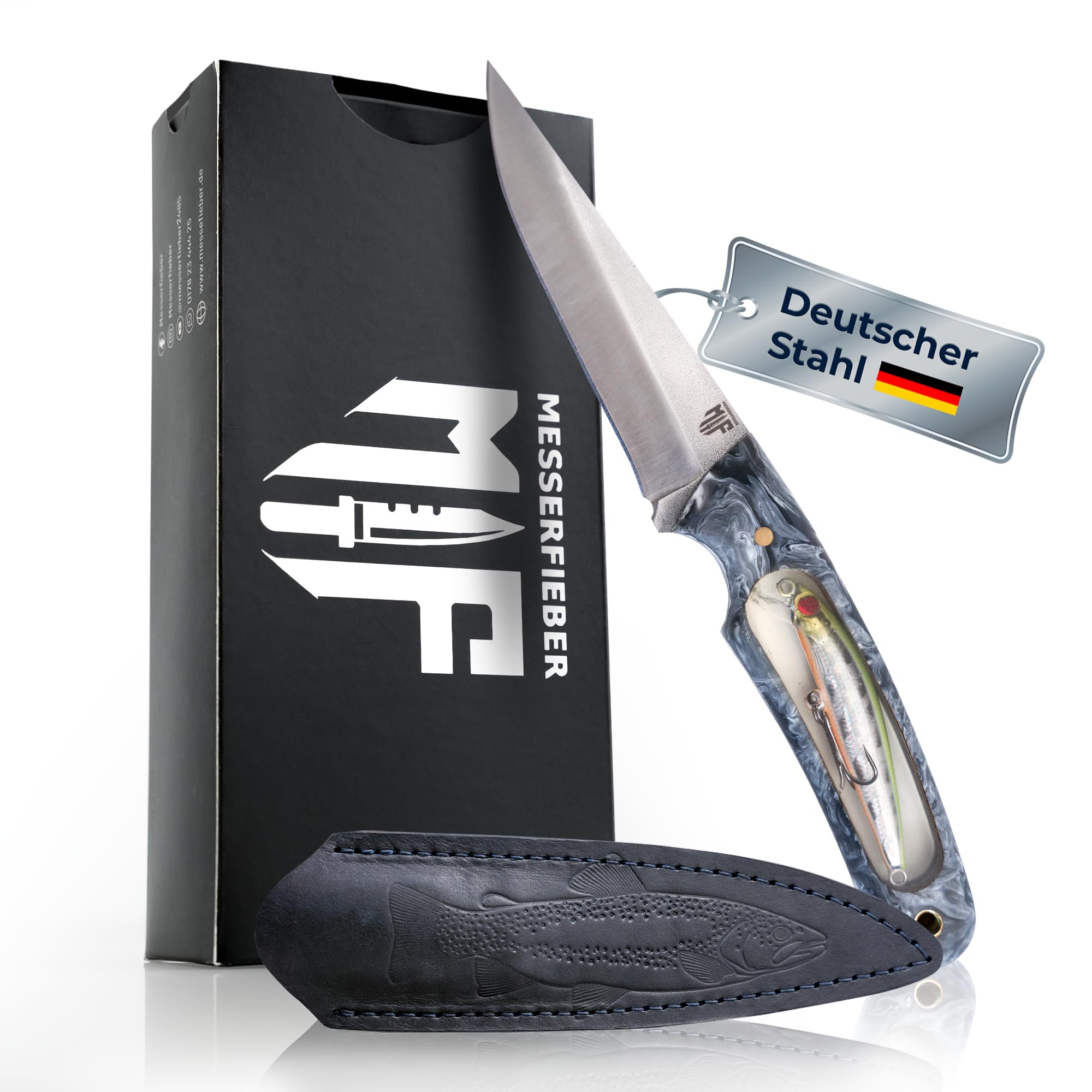 Messerfieber® Angelmesser Wobbi [Mit Einzigartigem Wobblergriff!] – inkl. Lederscheide – Outdoor Messer für Angler & Naturfreunde – Survival Messer (Handgefertigt & Korrosionsbeständig)