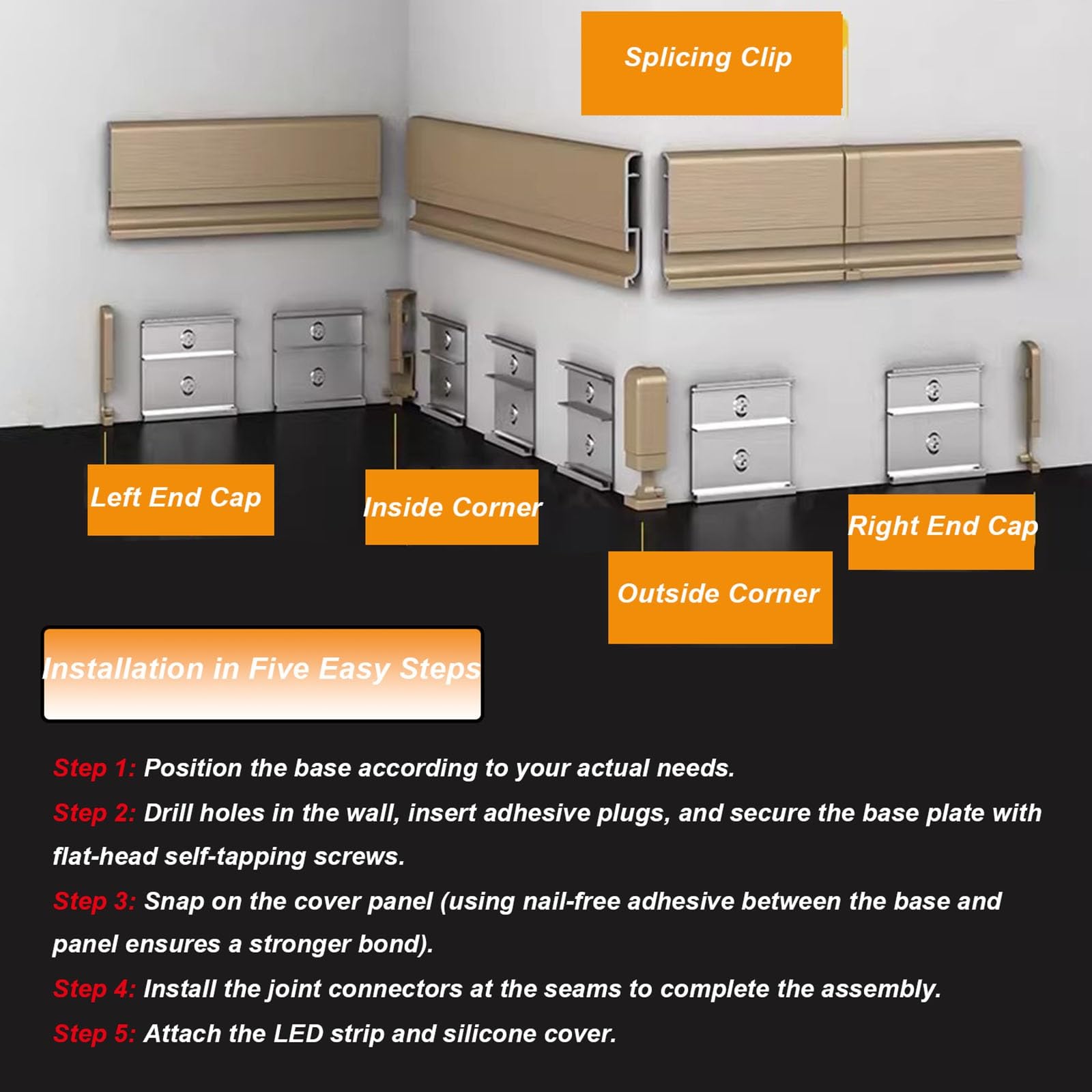 HAIXHX Moldura Iluminacion 10PACK Zócalo o rodapié moderno de aluminio con LED, H 2,35 pulgadas Perfil de zócalo metálico duradero para salón, dormitorio, cocina y comedor(Black)