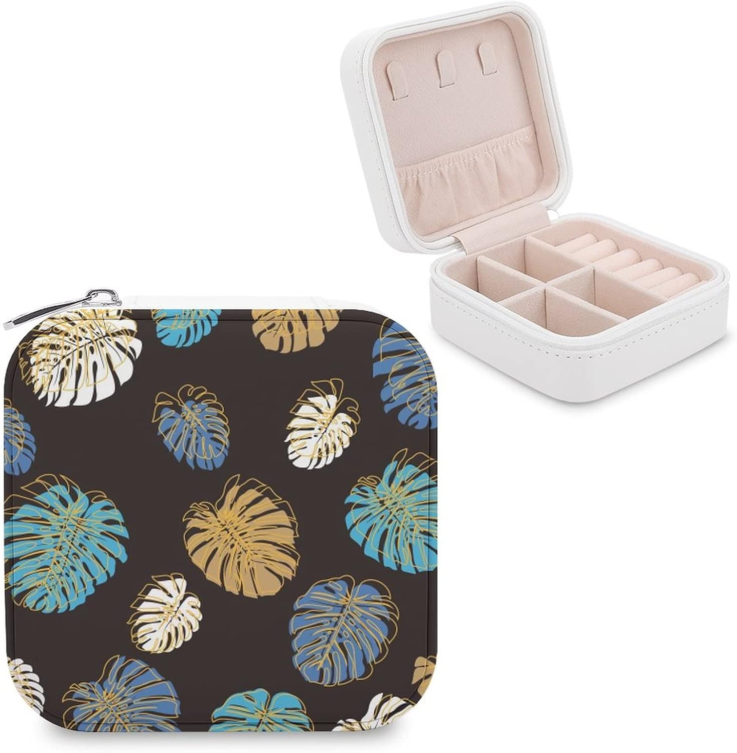 Small Travel Jewelry Box Organizer Display Storage Case for Rings Earrings Necklace, Gifts for Woman Girlfriend Bestie, Colorful Tropical Plant