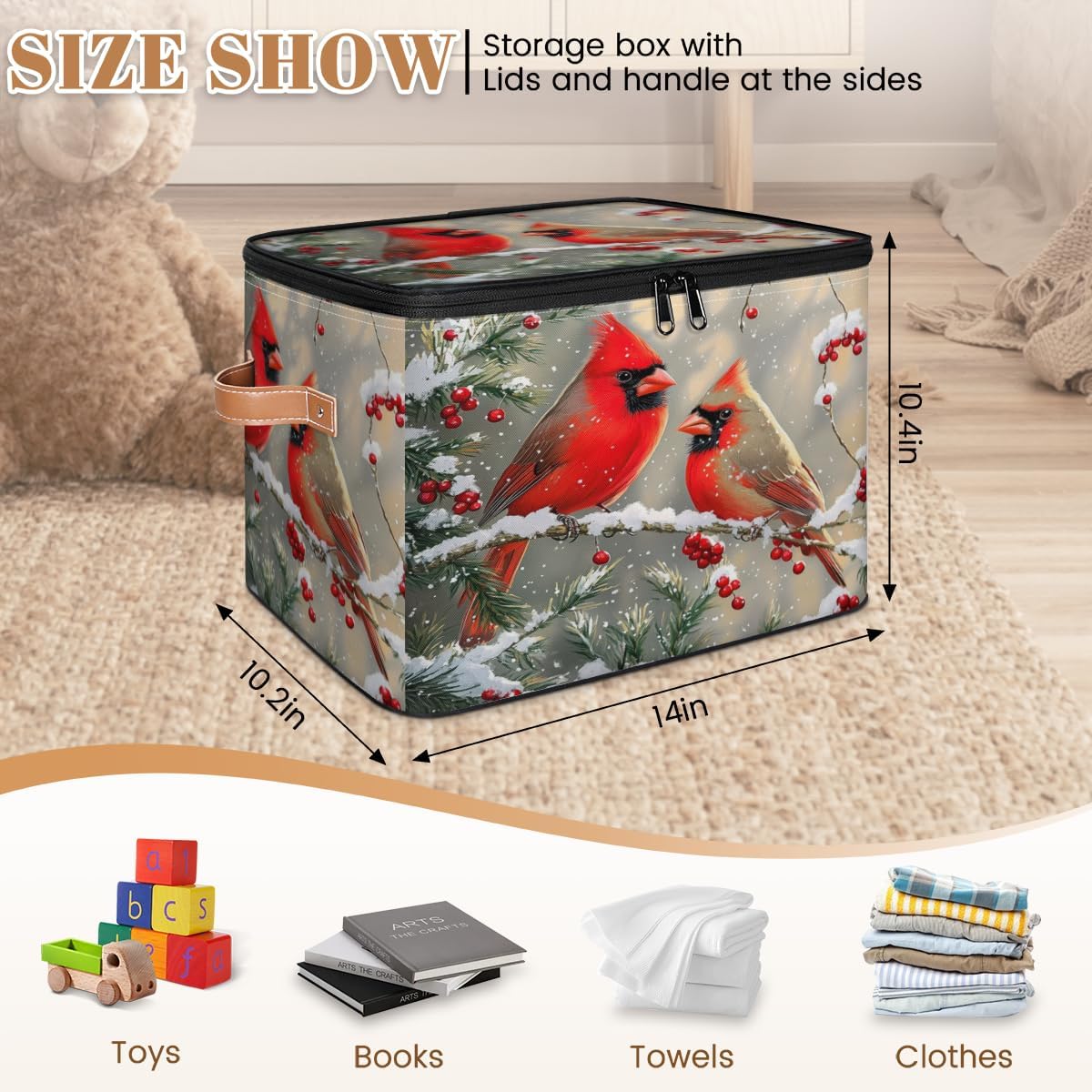 Storage Bin Set of 2 Winter Cardinal Birds Storage Basket with Zipper Lid & Handle Foldable Closet Shelf 2 Pack Cloth Organizer Basket Cube Bins for Bedroom, Nursery