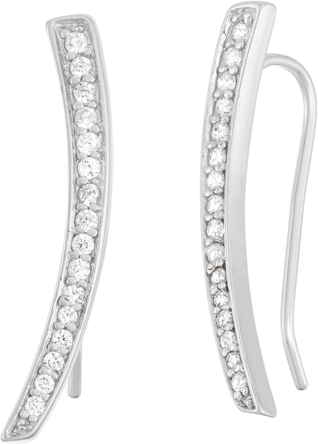 Beaux Bijoux Sterling Silver 925 CZ Curved Bar Ear Climber Crawler Cuff Studs Hypoallergenic Earrings