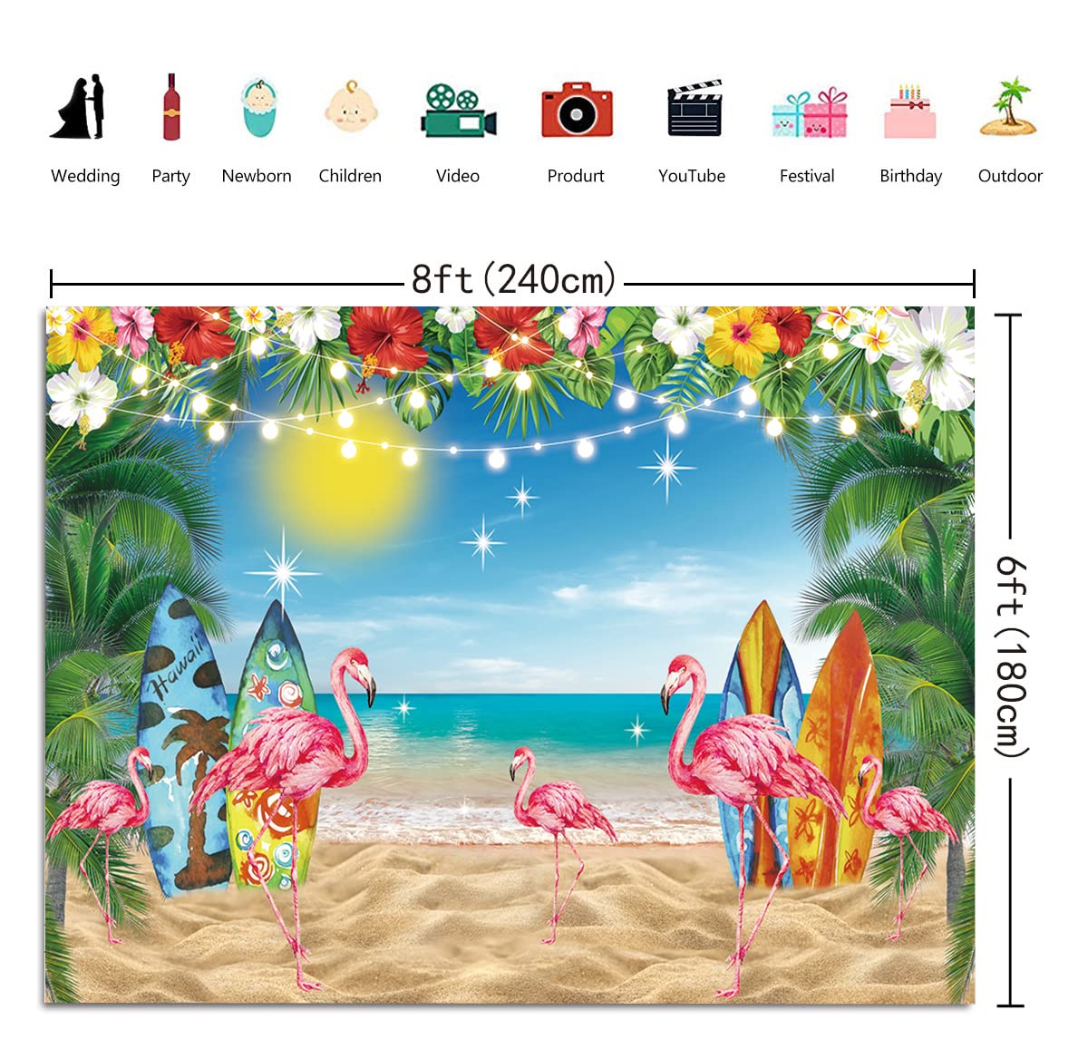 Toile de fond d’été pour plage hawaïenne tropicale, toile de fond d’été pour île tropicale, bord de mer, surf, ciel, océan, flamant rose, feuilles de palmier, bannière de décoration, Aloha, luau, fête