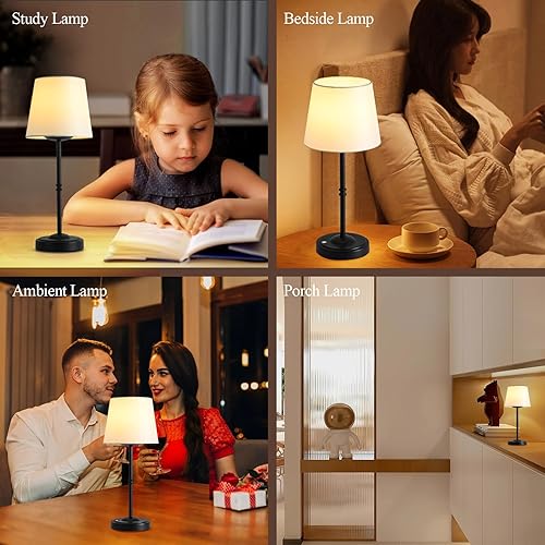 Miniatura 4 de Juego de 2 lámparas de mesa LED portátiles, lámpara de escritorio con pantalla de tela inalámbrica, lámpara de mesa con batería recargable, lámpara