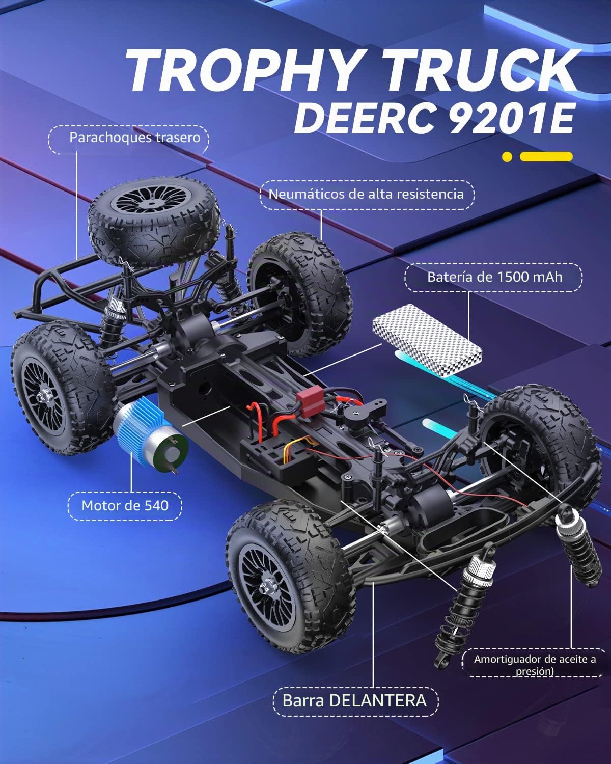 DEERC Coche teledirigido 1:10 con luces RC 48 km/h 4WD Offroad Hobby Grade Monster Crawler con 2 baterías de 40 minutos de autonomía, 2 bandejas para coche, para adultos, niños (9201E)