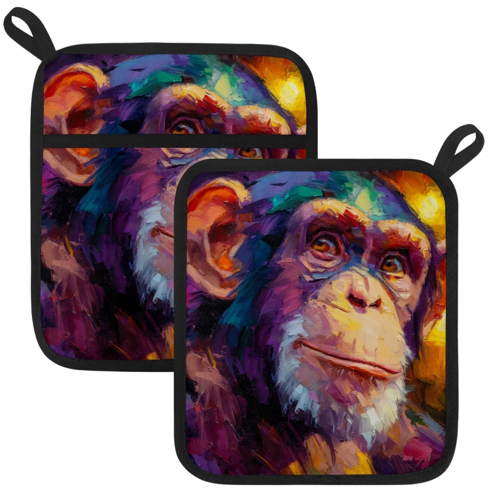 VAPOKF Christmas Monkey Pot Holders with Pocket for Kitchen Heat Resistant Potholders Large Polyester-Cotton Square Oven Mitts Set
