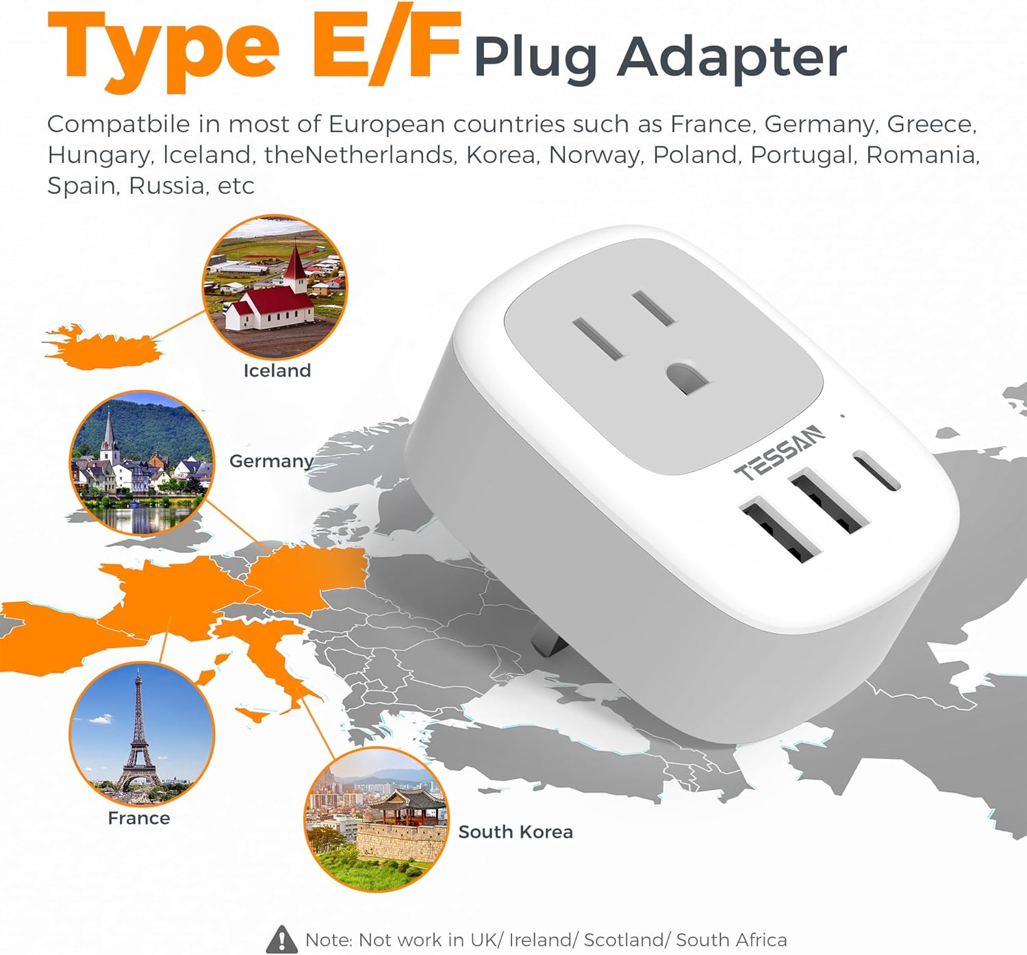 3 Pack Type E F Plug Adapter, TESSAN Spain Adapter Plug with 3 USB Ports (1 USB C), South Korea Outlet Adapter for US to Europe Germany France South Korea Spain Iceland Greece Russia Norway