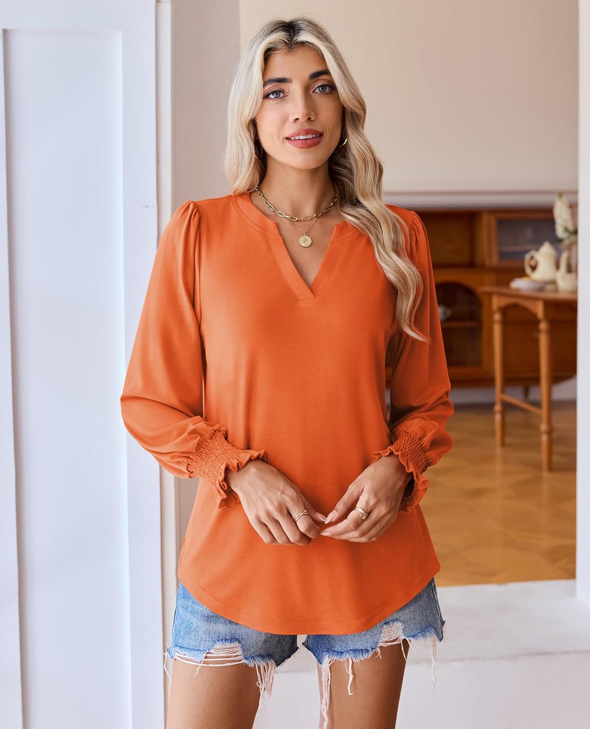 Womens Tunic Tops Long Sleeve Blouses for Women Dressy Casual V Neck Tops Shirts Trendy with Smocked Cuffs - Image 3
