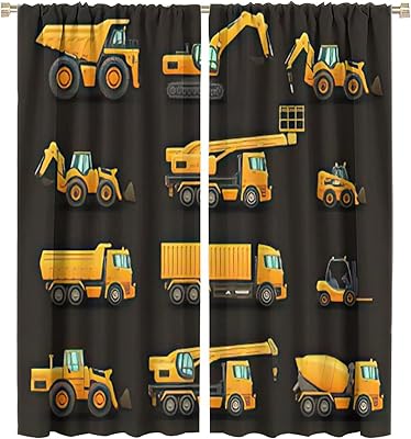 Kids Boys Construction Curtains, Construction Machinery Equipment Mode of Transport Bulldozer Tractor Truck Darkening Door Window Rod Pocket Curtain for Bedroom Living Room 42x45in