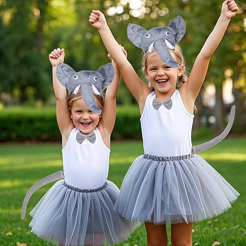 Miniatura 4 de Kirei Sui Disfraz de animal para niños, diseño de elefante gris, tutú y diadema de orejas y pajarita, juego de 4 piezas