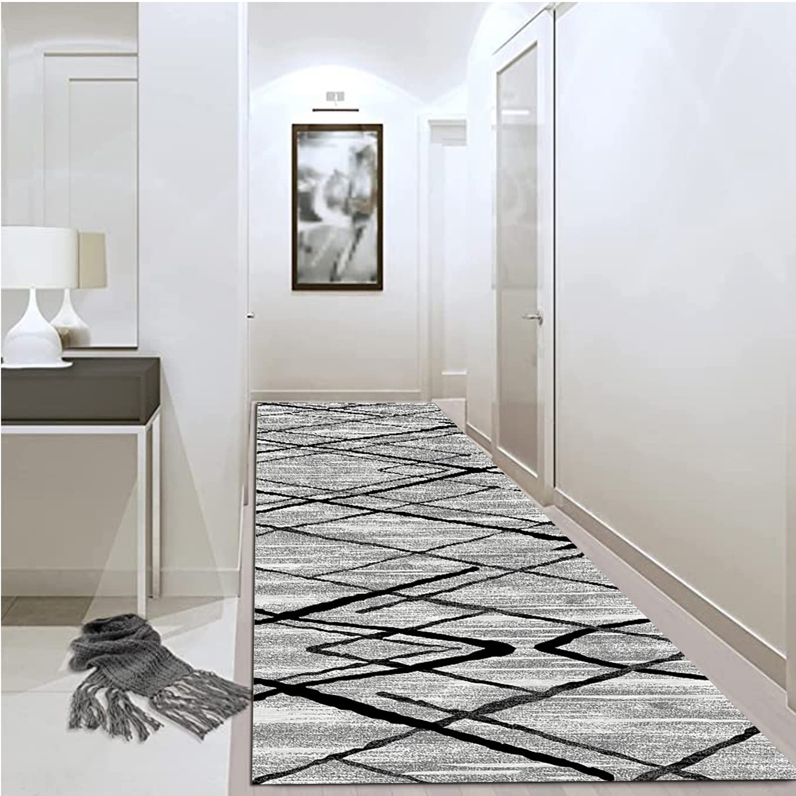 Hamankim Black/Grey Contemporary Runner Rugs For Hallway Non-Slip 1M 1.5M 2M 250Cm 300Cm 4M 4.5M 5M 6M Washable Soft Floor Mat, Kitchen Hall Stairs Narrow Runners Carpets - Striped ( Size : 60×400Cm/2Ft×13.1Ft