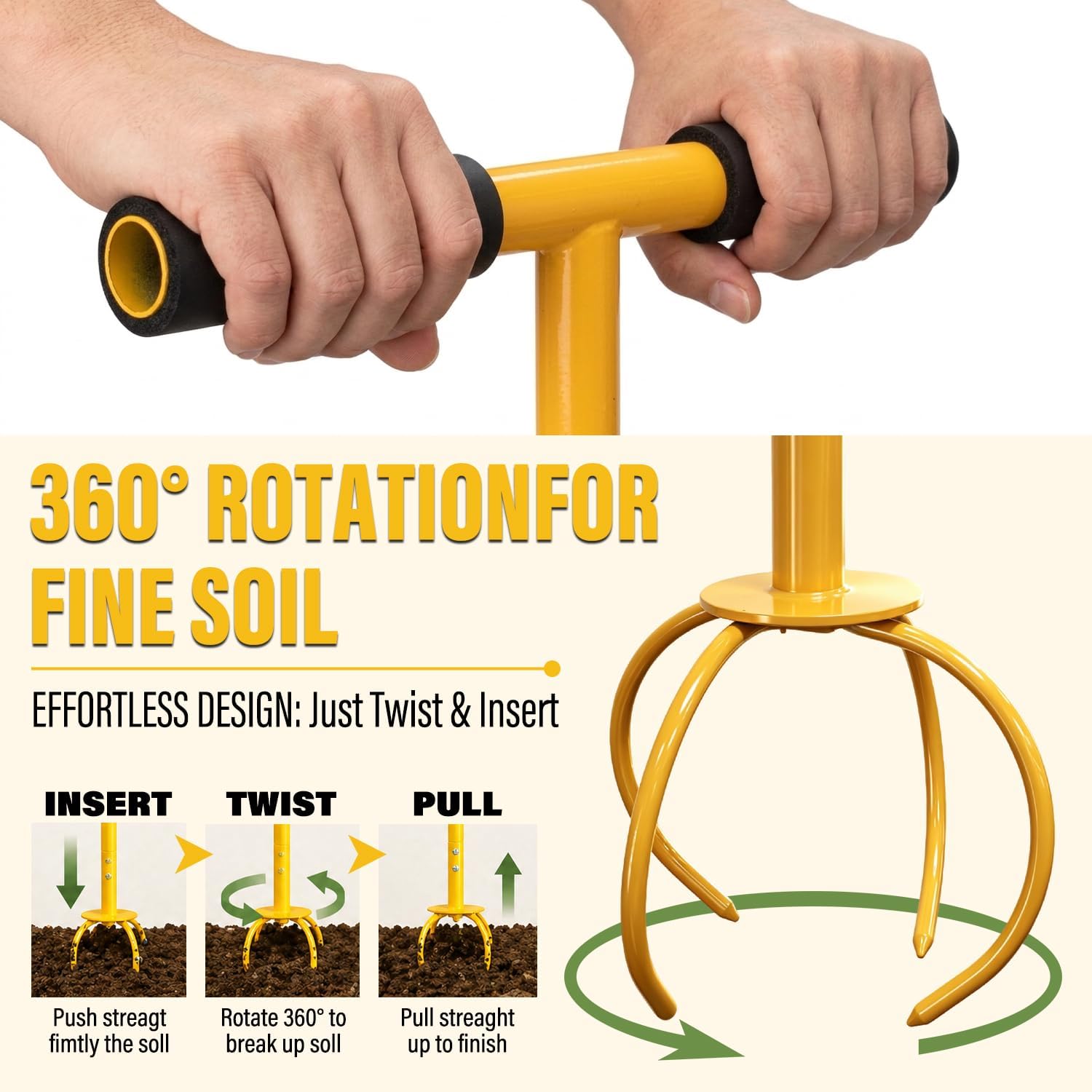 Sutekus Garden Twist Tiller, Manual Hand Tiller Claw for Soil Aeration, 4-Claw Steel Cultivator Turf Aerator for Lawn Garden Bed Plant Box, Loosen Soil, Grass Plug Aerating Tool