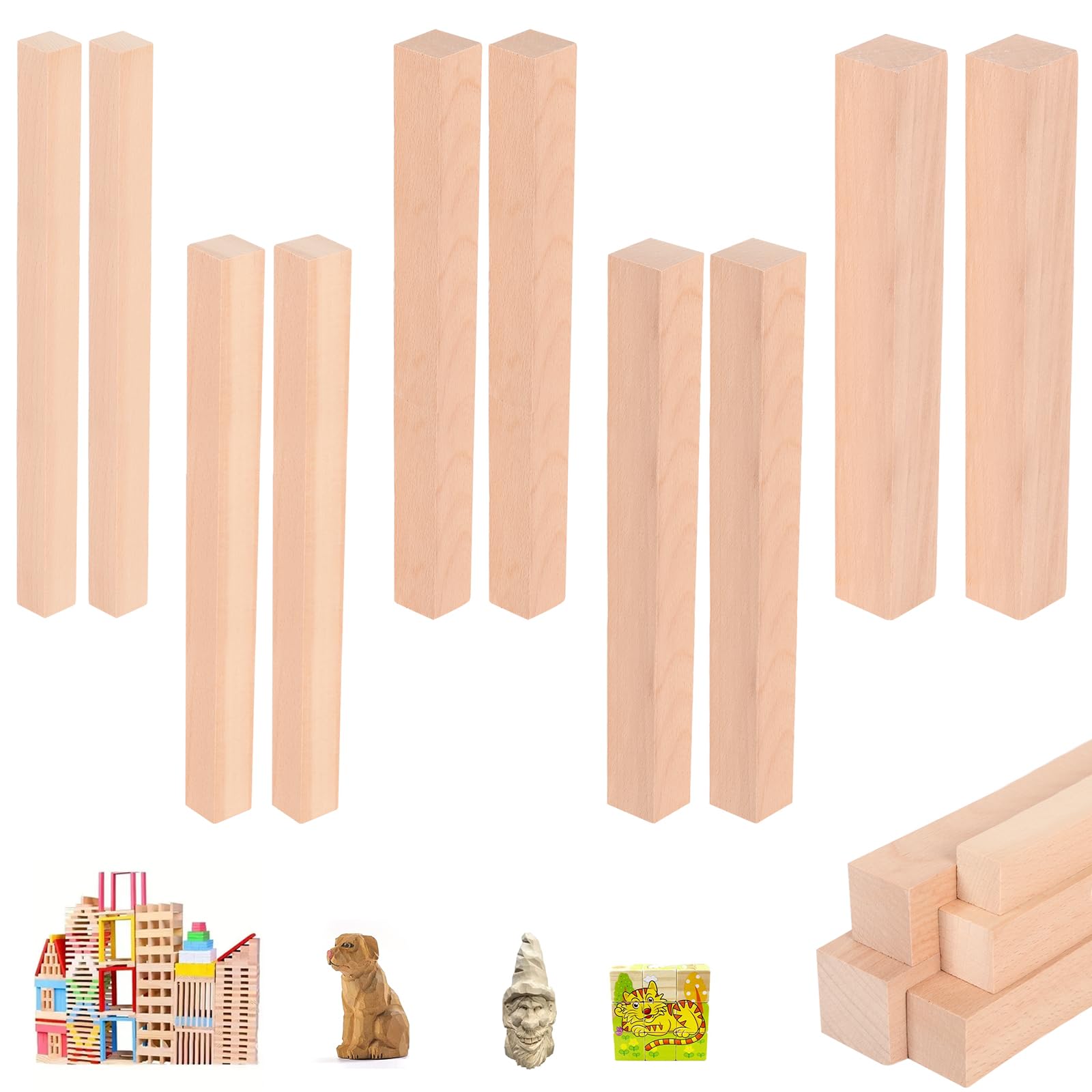 Listones de madera de haya y barras de madera de diferentes tamaños, bloques de tallado de madera para bricolaje, manualidades, carpintería, proyectos creativos y manualidades (30 cm, 10 unidades)