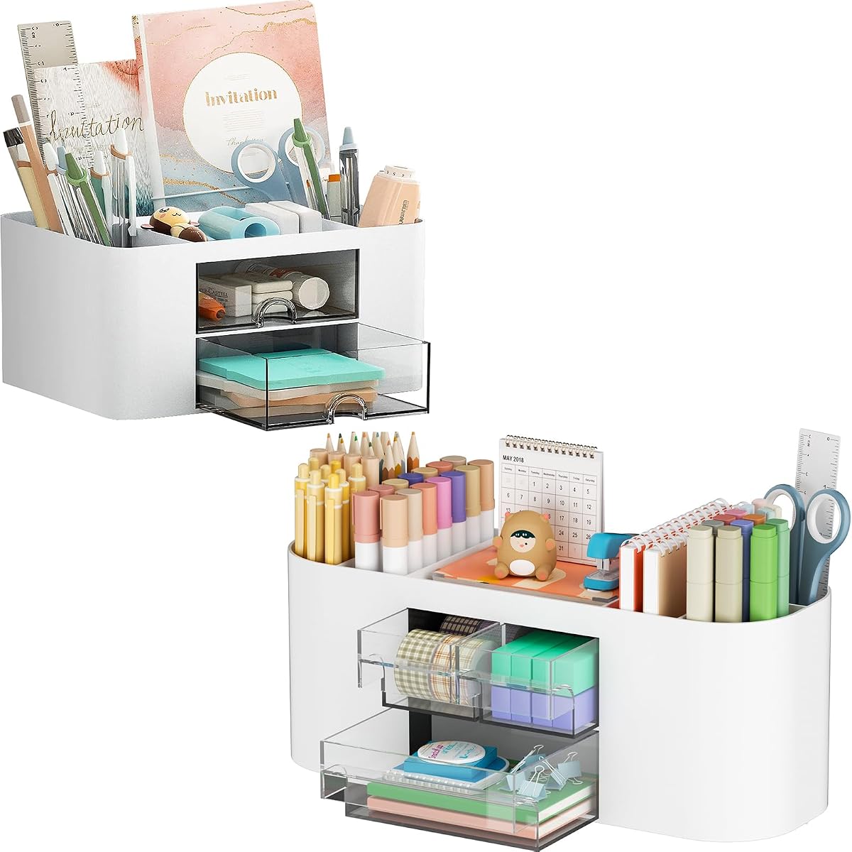 Marbrasse Organizador de bolígrafos con 2 cajones+Organizadores de escritorio y accesorios con 7 compartimentos + cajón para el hogar, la escuela, el aula (Beige)
