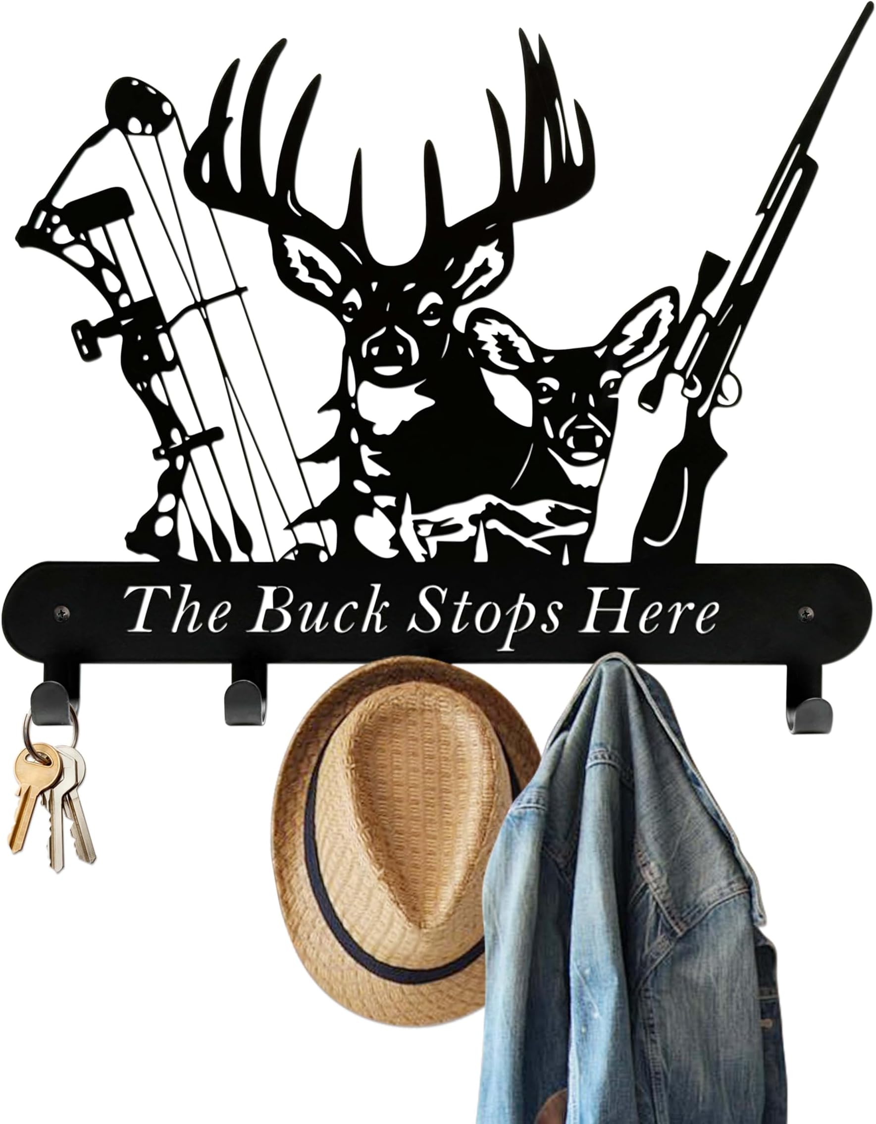 Deer Hunter Metal Wall Hook Set with Bow & Rifle Design - Hunting Themed Cabin Wall Art, Room Decor - Ideal Gift for Hunters, Father's Day
