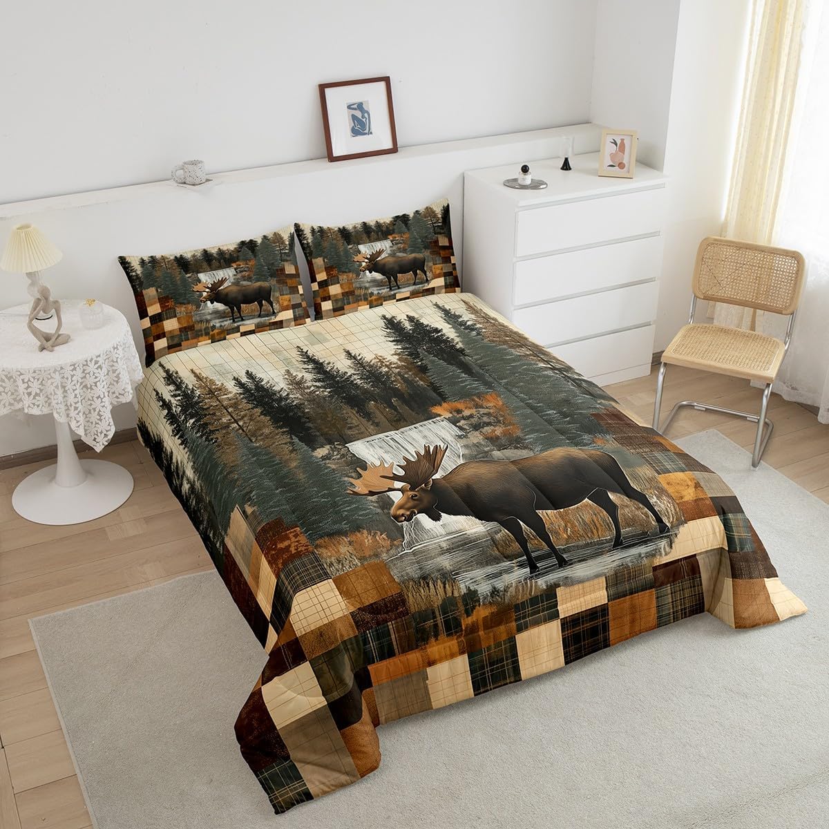Moose Comforter Set Queen Size,Retro Rustic Hunting Theme Bedding Set for Kids Girls Boys Adults Room Decor,Pine Tree Waterfall Animal Duvet Insert 3Pcs,Wooden Vintage Plaid Quilt Set,2 Pillowcases