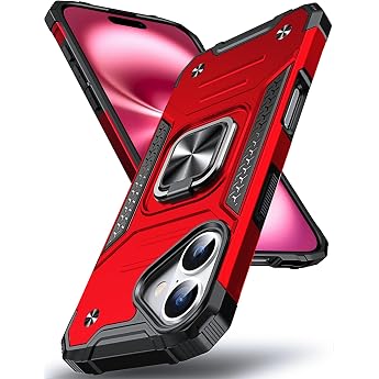 DASFOND Armor Case for iPhone 16 Case Shockproof Military Mobile Phone Case [Upgrade 2.0] 360 Degree Metal Ring Holder Stand Protective Case [with Car Magnet] Red