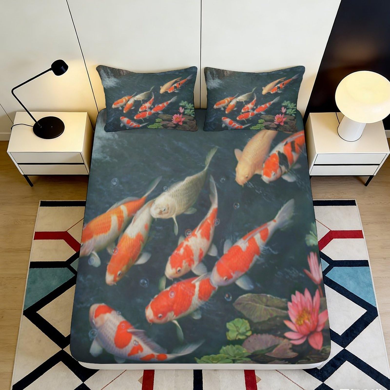 3D Printed Koi Fish Fitted Sheet Microfiber Soft Breathable Carp Pattern Bed Cover for Bedroom Dormitory Guest Room Mattress Protection Decor 200x200x25cm