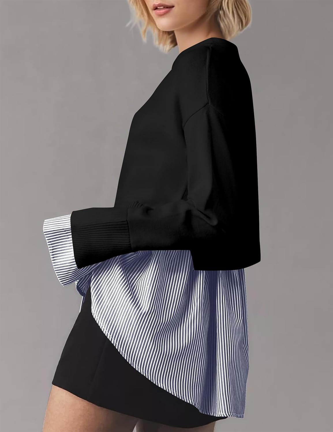 Womens Slit Crew Neck Patchwork Sweater 2 in 1 Asymmetrical Hem Pullover Knit Sweater Button Down Contrast Shirt Tops - Image 2