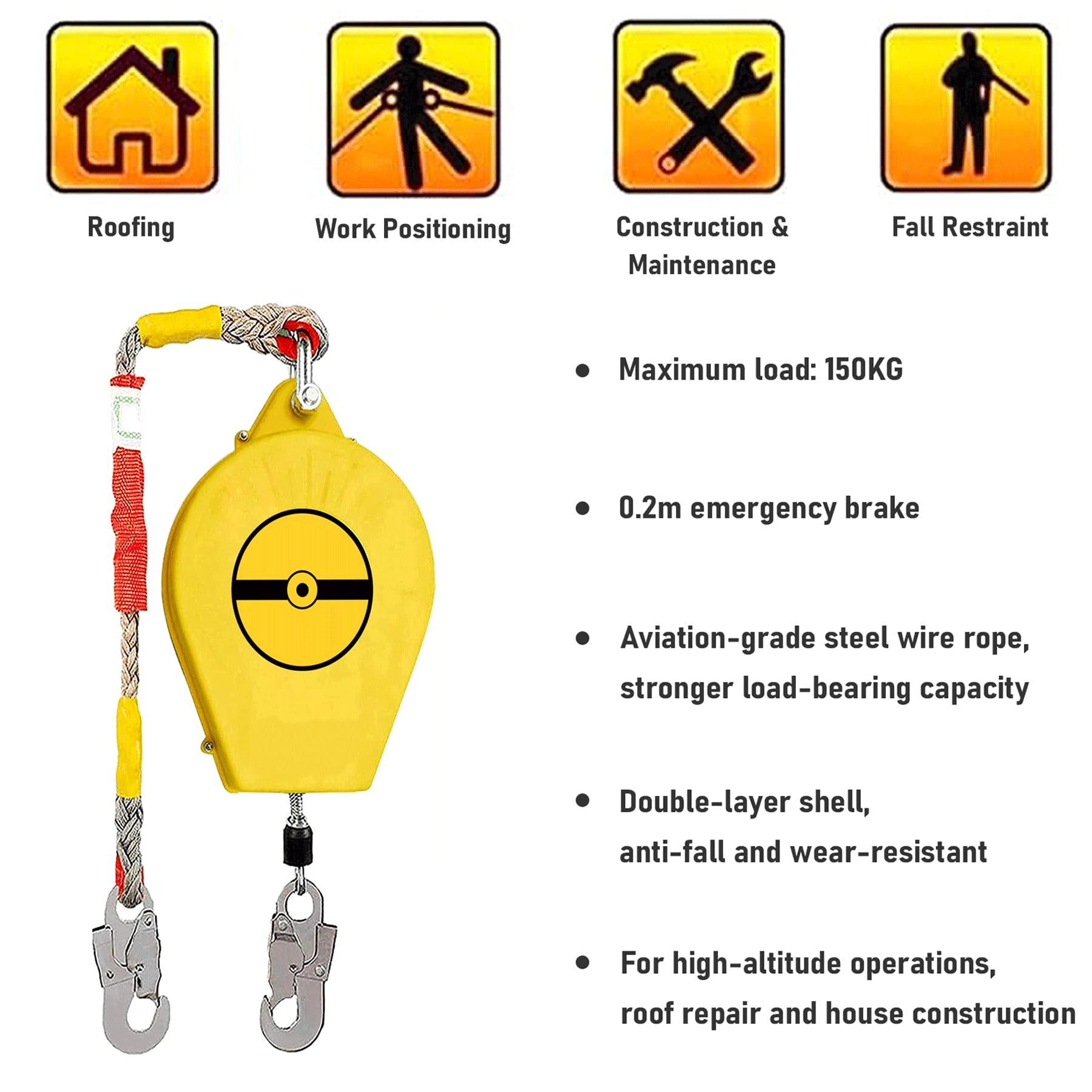 Dispositivo Anticaidas Retráctil, 3-20m Profesional Linea de Vida Retractil Homologado con Gancho Autoblocante, Anticaidas Retractil Seguridad Trabajo en Tejados/Altura, Carga:150 KG (7m)