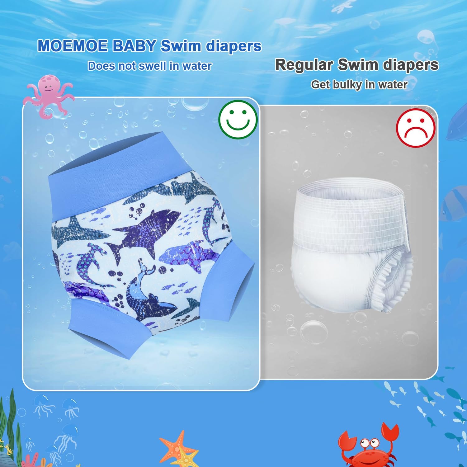 MOEMOE BABY Reusable Swim Diapers, Quick-Dry Swimming Diaper for Boys and Girls, Ideal for Pool, Beach & Swim Lessons S/2T
