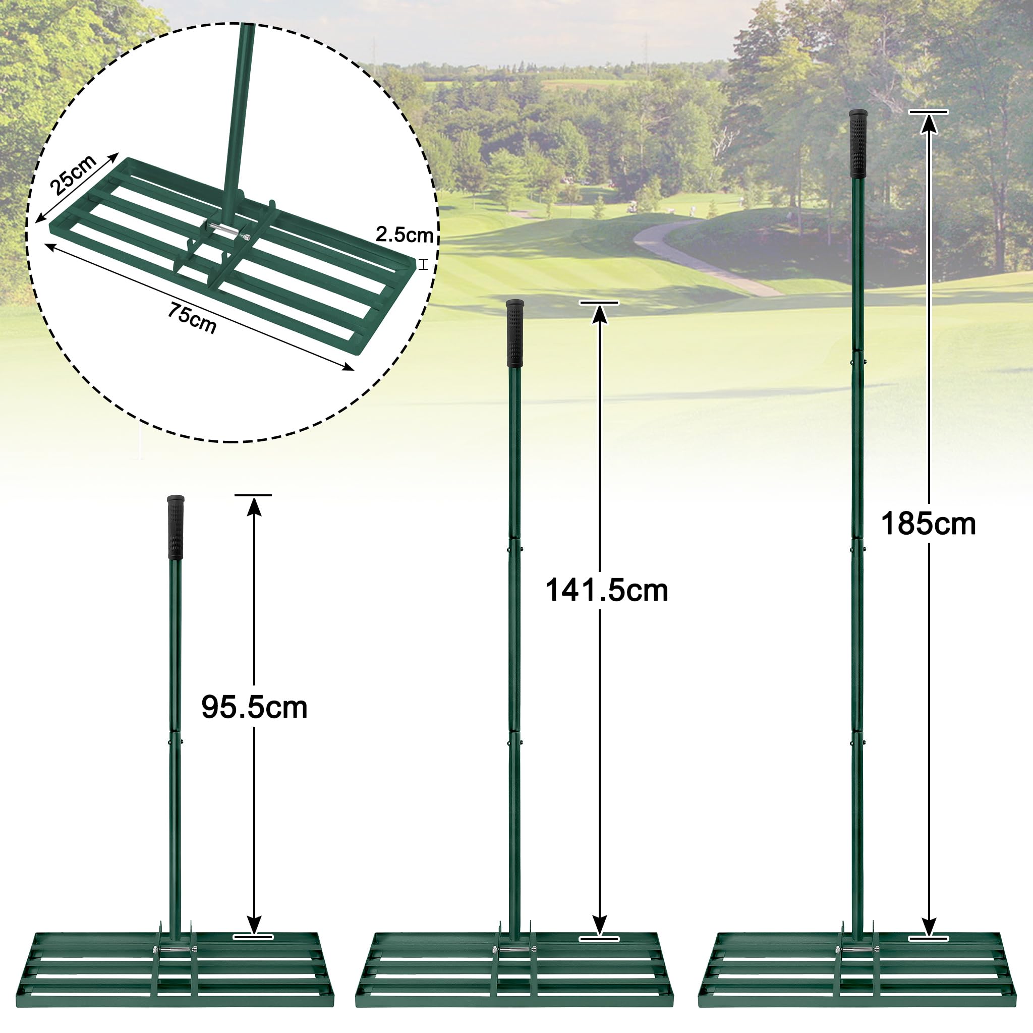 Aufun Raschietto per prato Leveling Rake Golf professionale con lunghezza regolabile manico per campo da golf, giardino, cortile (25 x 75 cm)