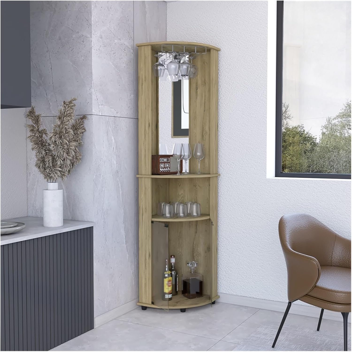 75" H Mirrored Corner Bar Cabinet, with Glass Doors, Two Shelves and Stemware,for The Kitchen